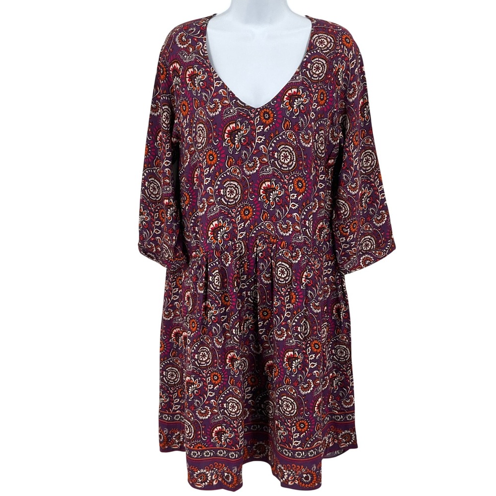 Garnet Hill Dress Womens 8 Purple Paisley Floral Boho V-Neck Pockets‎ 3/4 Sleeve